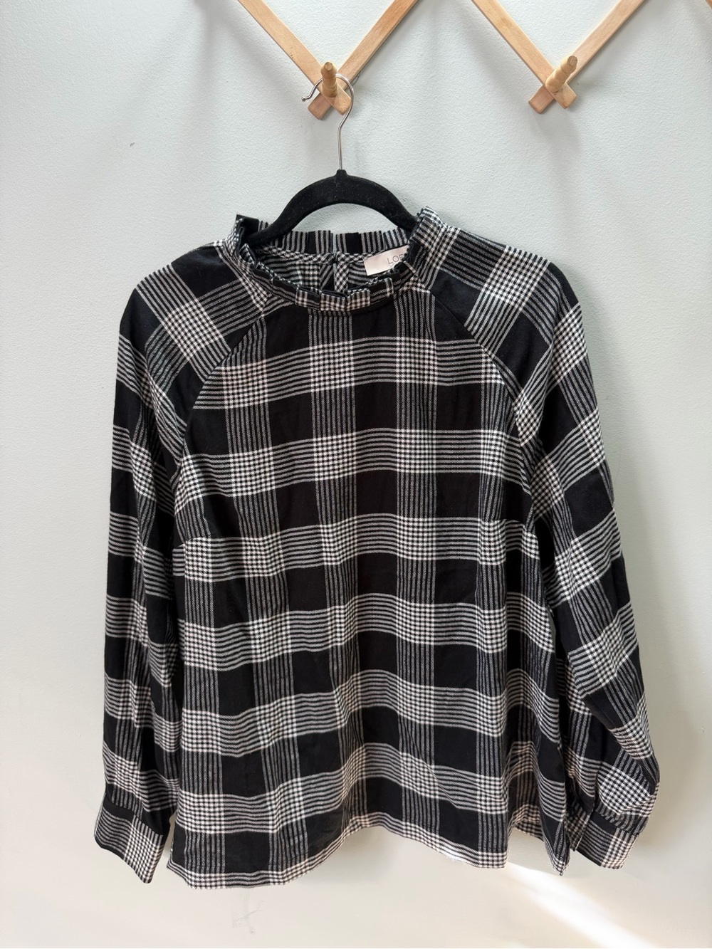 Loft Black White Plaid Ruffle-Neck Long Sleeve Top Size Large